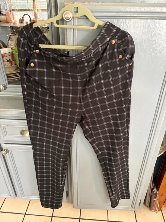 Sofia Pants - Black Plaid Women's Chinos with Gold Button Detail